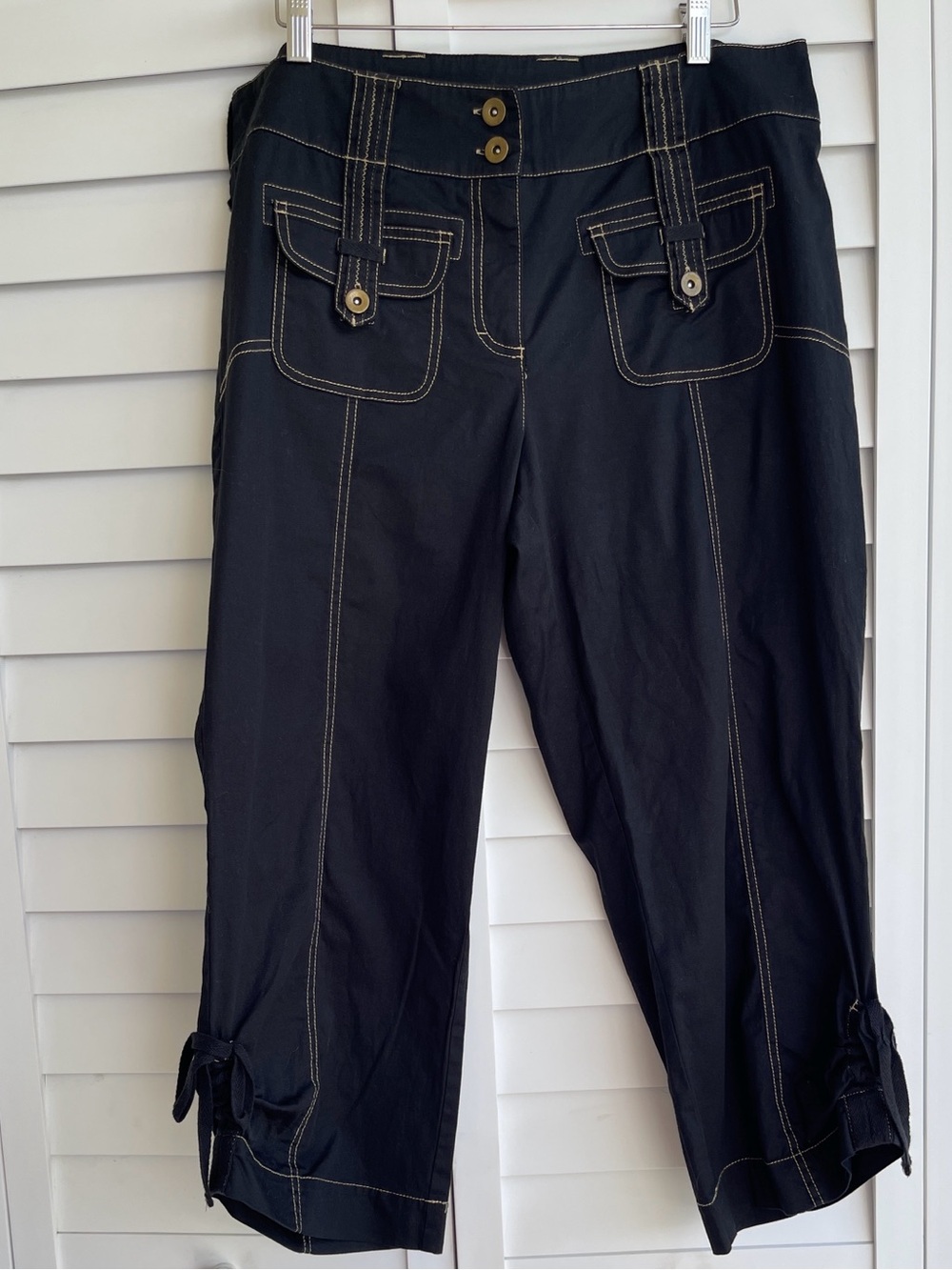 Y2K Black Utility Cargo Capri Pants Contrast Stitch Side Tie Hem
